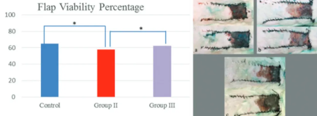 Figure 4: Flap viability chart. The mean viable percentage in Group II was lower than the other groups and the difference was statistically significant  when compared to Group I and Group III (*P &lt; 0.05)