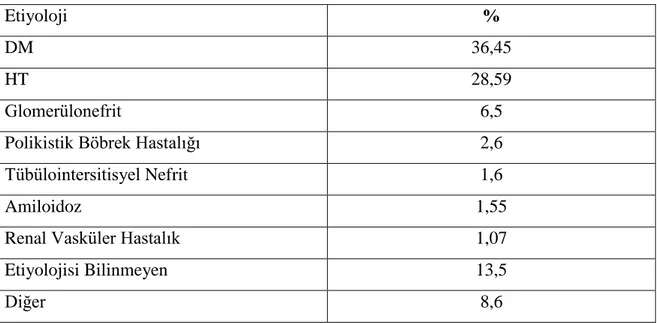 Tablo 2.2.  Türk  Nefroloji  Derneği  2013  yılı  raporlarına  göre  son  dönem  böbrek  yetmezliği etiyolojisine göre hastaların dağılımı  