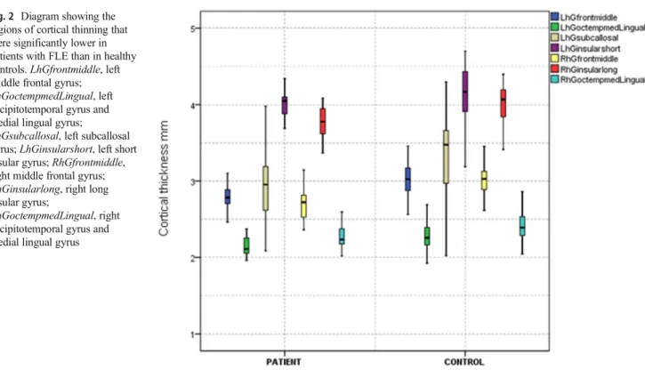 Fig. 2 Diagram showing the regions of cortical thinning that were significantly lower in patients with FLE than in healthy controls