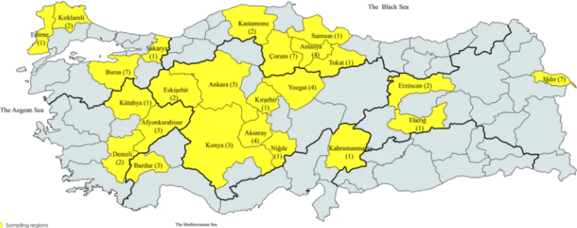 Figure 4.  Distributions of BNYVV sampling regions within Turkey (highlighted with yellow)