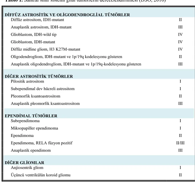 Tablo 1. Santral sinir sistemi glial tümörlerin derecelendirilmesi (DSÖ, 2016)