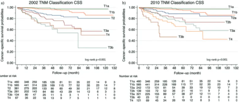 Figure 1. Cancer-specific survival probability according to 2002 (a) and 2010 (b) tumor-node-metastasis classification 
