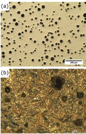 Fig. 1. Optical micrograph of (a) as-polished ADI sample (50×), (b) an etched sample (200×).
