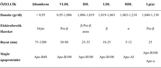 Tablo 2.1. Serum lipoproteinlerinin özellikleri 