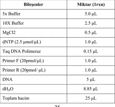 Tablo 3.2  PCR bileşenleri  Bileşenler Miktar  (1rxn)  5x Buffer  5.0 μL  10X Buffer  2.5 μL  MgCl2 0.5 μL  dNTP (2.5 μmol/μL) 1.0 μL  Taq DNA Polimeraz  0.15 μL 