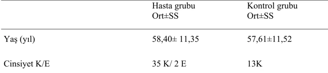 Tablo 2.1.1. Hasta ve kontrol grubunun demografik özellikleri 