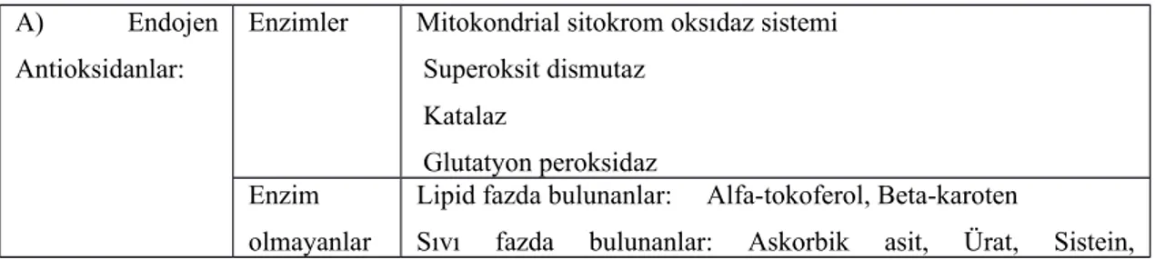 Tablo 2. 4. Antioksidanlar (81) A) Endojen