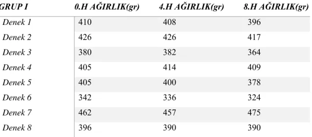 Tablo 4.1; Grup I deneklerin 0, 4 ve 8.hafta ağırlık ölçümü 