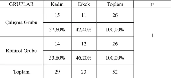 Tablo 1. Grupların cinsiyet dağılım tablosu 