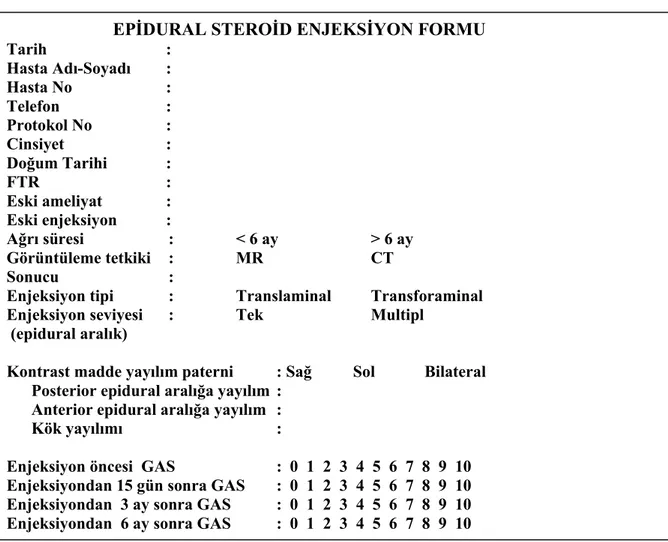 Tablo 5: Epidural Steroid Enjeksiyon Formu 
