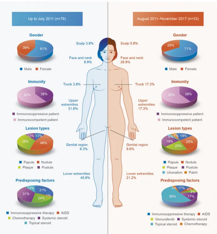 Figure 3 Clinical characteristics of the patients with MG reported in the literature: location of the lesions, sex, immunity, predisposing factors, and type of lesion