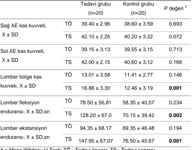 Tablo 5. Tedavi ve kontrol grubunda toplam kas kuvveti ve endurans de ğ erleri  Tedavi grubu  (n=20)  Kontrol grubu (n=20)  P de ğ eri  † TÖ  39.40 ± 2.96  38.60 ± 3.59  0.693  Sa ğ  AE kas kuvveti,   X ± SD  TS  42.10 ± 2.25  40.20 ± 3.22  0.072  TÖ  39.1