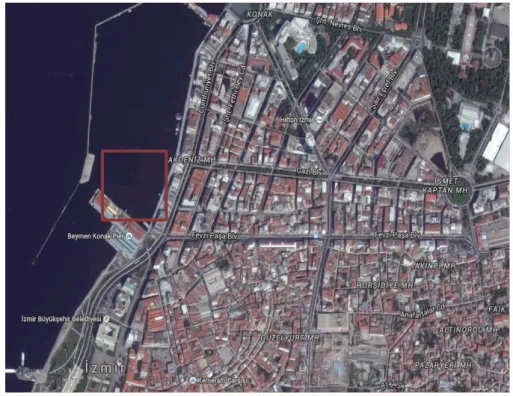 Şekil 1. Konak Pier Yapı Grubu Uydu Görüntüsü    Kaynak: https://www.google.com.tr/maps/place/ 
