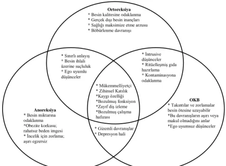 Şekil 1. Ortoreksiya Nervoza, Anoreksiya Nervoza ve Obsesif Kompulsif  Bozukluğun (OKB) özgün ve örtüşen özelliklerini gösteren venn şeması (75) 