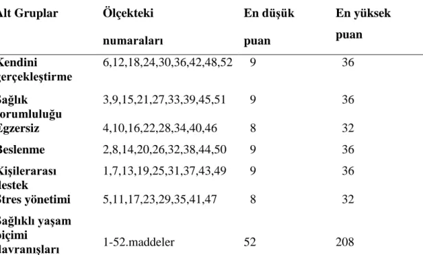 Tablo 3.6. SYBDÖ II genel pua nı ve alt ölçekler puanları alt-üst sınırları  Alt Gruplar  Ölçekteki  