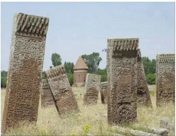 Figure 6. A view of several Ahlat Seljukian stelae. Lichen cover- cover-age in lightly colored portions starts from the top and  pene-trates to mid-sections