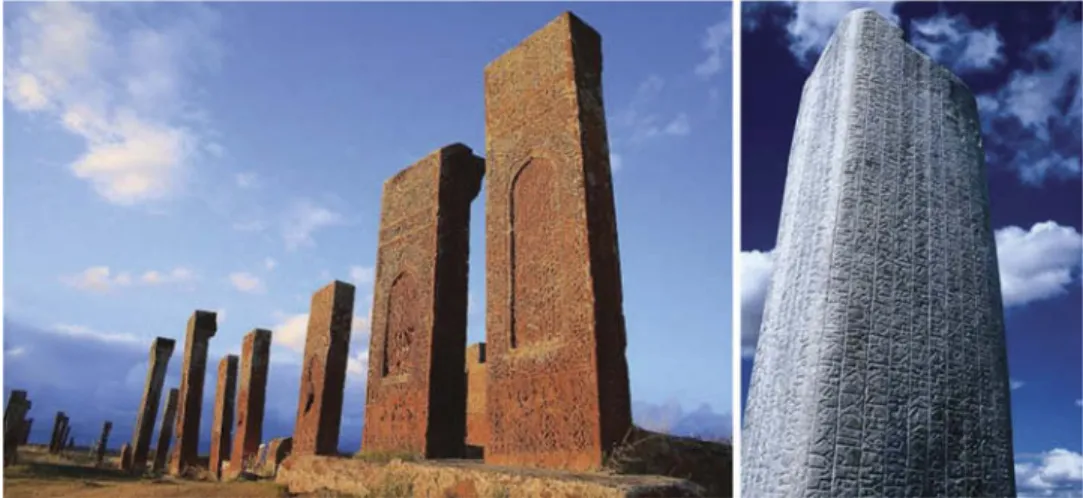 Figure 4. (left) A view of the Ahlat stelae, and (right) a view of the Orkhon Inscriptions.