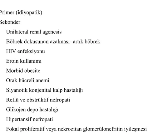 Tablo 2.7: Fokal segmental glomerülosklerozis’in sınıflaması (55) 