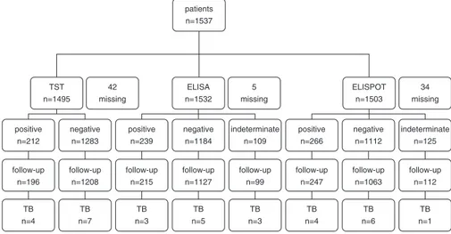 Figure 1. Flow chart of test results and cases of active tuberculosis (TB) in patients included in the study