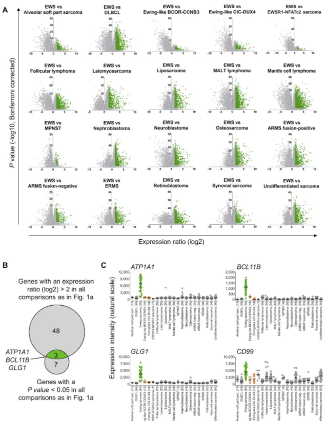 Figure 1: ATP1A1, BCL11B, and GLG1 are strongly overexpressed in Ewing sarcoma compared to tumor entities of  differential diagnostic relevance