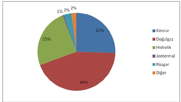 Şekil 1.1 2013 yılı Türkiye’de elektrik enerjisi üretiminin kaynaklara göre gelişimi 