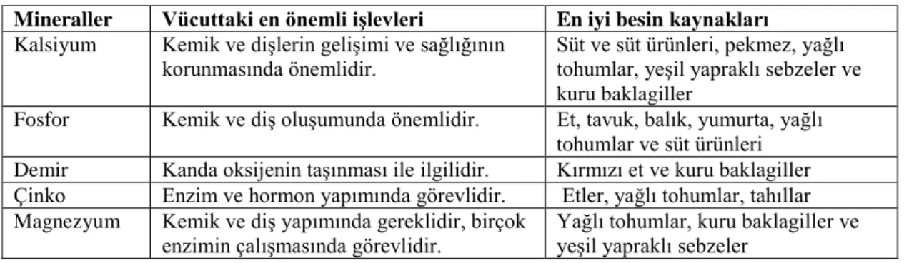 Tablo 2.3.  Bazı minerallerin vücuttaki işlevleri ve besin kaynakları    