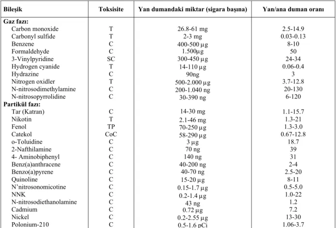 Tablo 2.2.2.1. Sigara dumanındaki bazı maddeler  