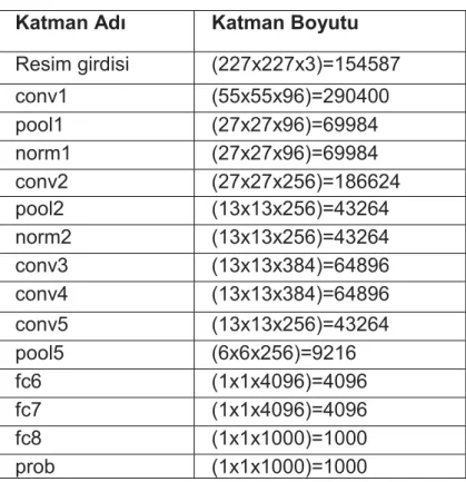 Çizelge 3.1 AlexNet ağ mimarisi 
