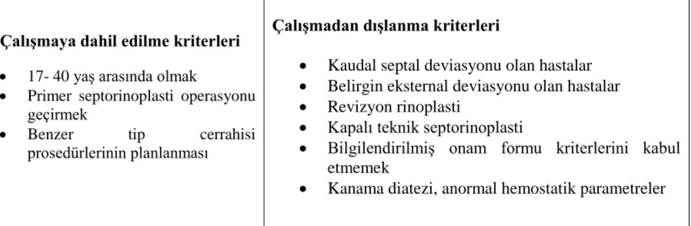 Tablo 2. Çalışmaya dahil edilme ve dışlanma kritlerleri 