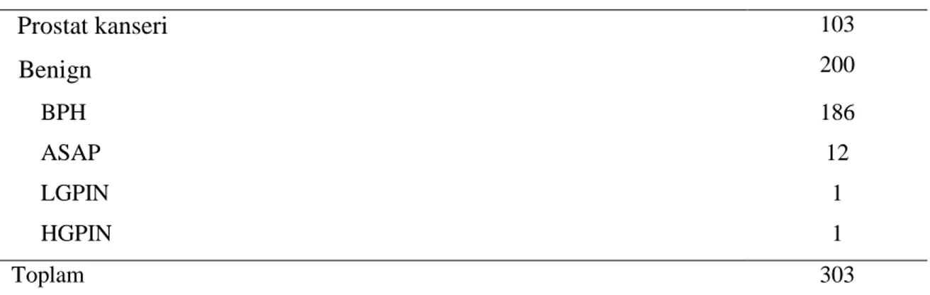 Tablo 5. Çalışmaya dahil edilen hastaların prostat biyopsisi histopatolojik sonuçları 