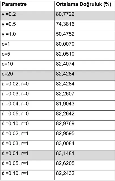 Çizelge 5.4 DVM parametre değişikliklerinde tanıma doğruluk oranları 