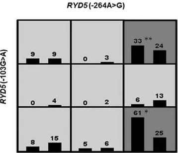 FIG. 1. The two-locus RYD5 (-264A &gt; G) and RYD5 (-103G &gt; A) genotype combinations associated with high risk and low risk for NP