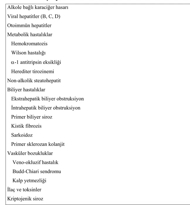 Tablo 2.1 Siroz etiyolojisi  Alkole bağlı karaciğer hasarı  Viral hepatitler (B, C, D)  Otoimmün hepatitler  Metabolik hastalıklar     Hemokromatozis     Wilson hastalığı     α-1 antitripsin eksikliği     Herediter tirozinemi  Non-alkolik steatohepatit   B