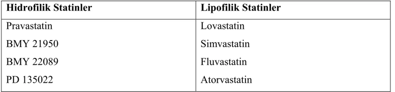 Tablo 2.2. Hidrofilik ve lipofilik oluşlarına göre statinlerin sınıflandırılması 