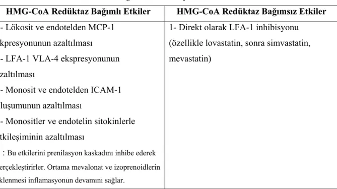 Tablo 2.3. Statinleri HMG-CoA redüktaz bağımlı olan ve olmayan etkileri 