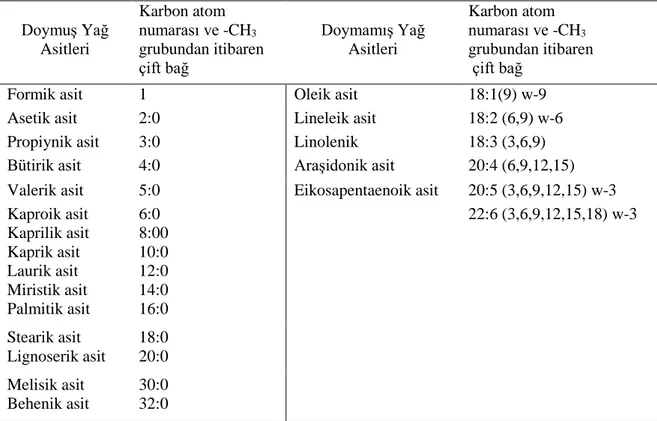 Tablo 2.2.1. Karbon zinciri ve çift bağ içeriğine göre sıklıkla rastlanılan yağ asitleri  