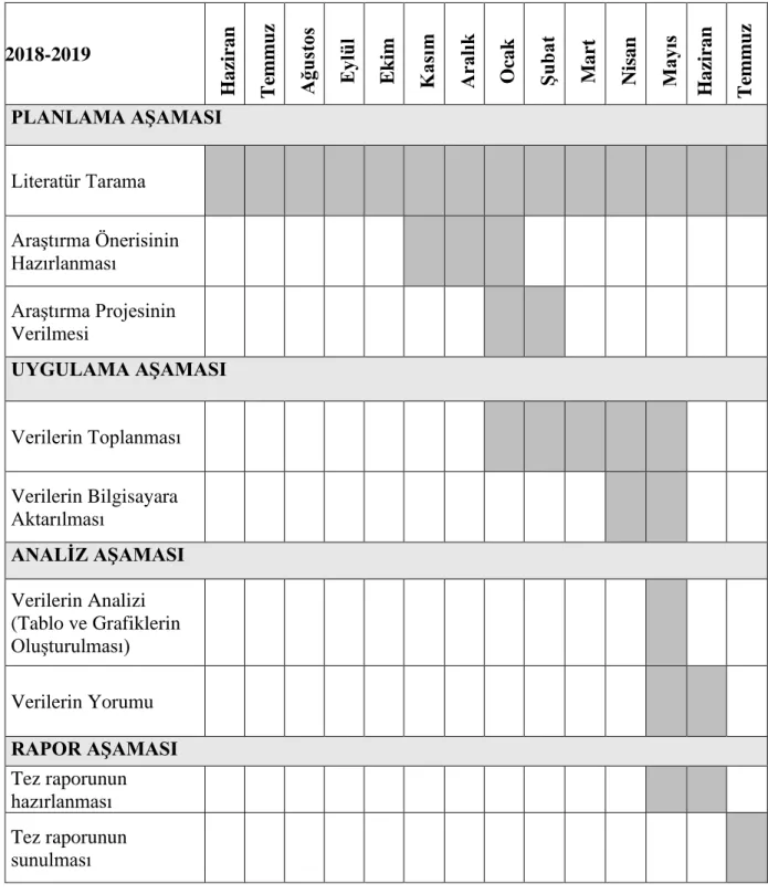 Tablo 4. Çalışma Takvimi, Haziran 2018-Temmuz 2019 
