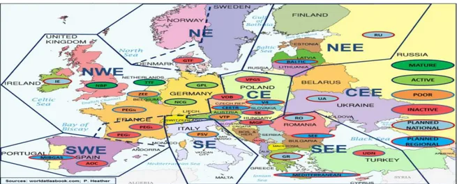 Şekil 11:Avrupa Gaz Bölgeleri, Piyasaları ve Merkezleri 