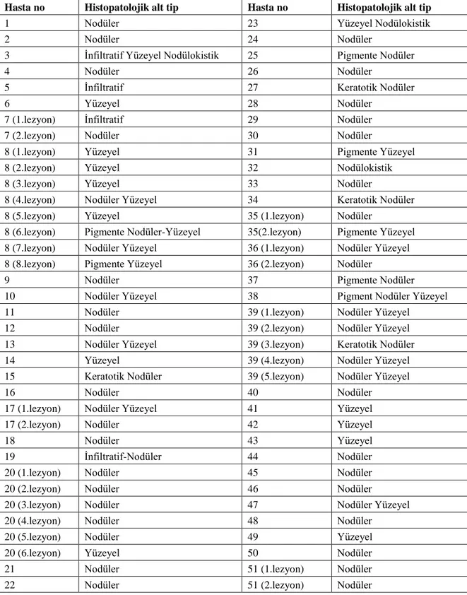 Tablo 4.4. Bazal hücreli karsinoması olan hastalarda tümörlerin histopatolojik alt tipleri