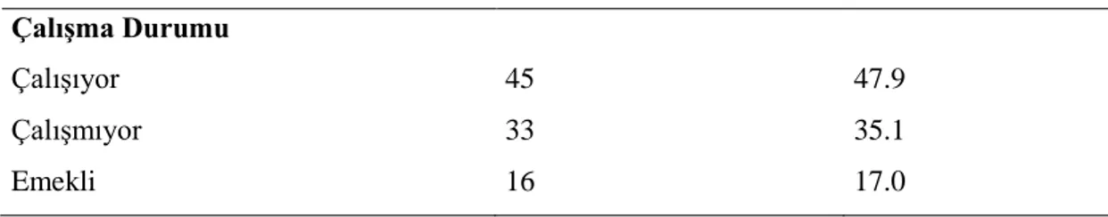 Tablo 4.1. Bireylerin demografik özellikleri (n:94) (Devamı)  Çalışma Durumu 