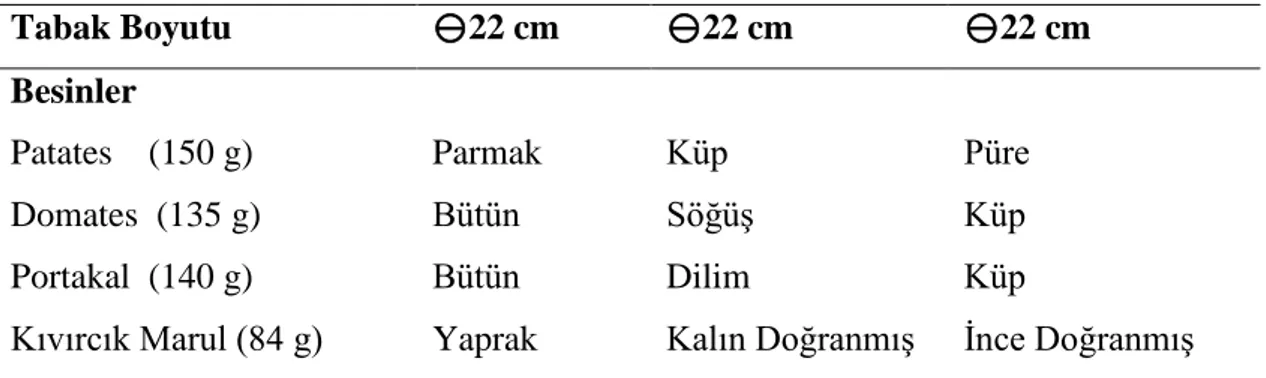 Tablo  3.2.  Aynı  boy  tabakta,  aynı  miktarda  ve  farklı  biçimde  doğranmış  yiyeceklerin porsiyon miktarı 