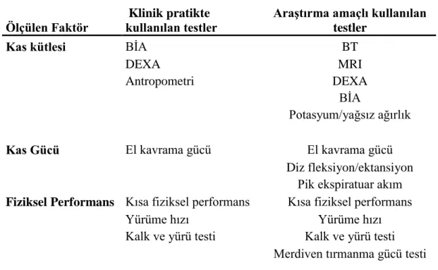 Tablo  2.2.  Kas  kütlesi,  gücü  ve  fonksiyonun  değerlendirilmesinde  kullanılan  testler 