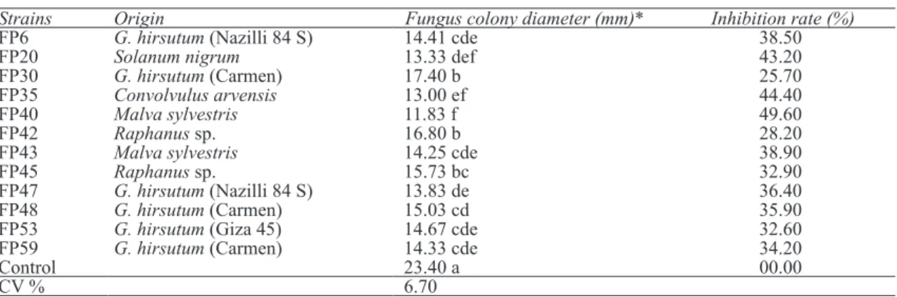 Table 2- Inhibition rates of FP strains against R. solani in vitro