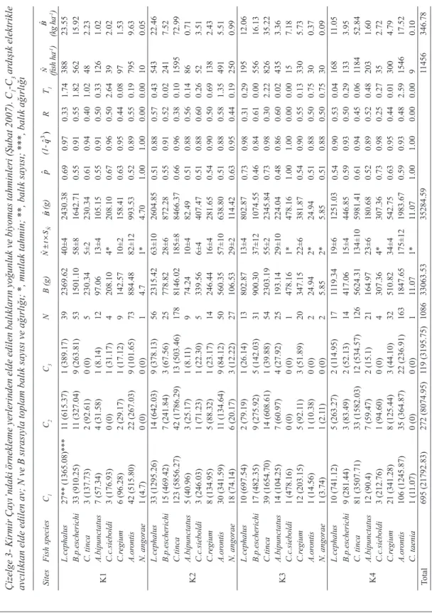 Table 3- Stock density and biomass obtained from sampling sites in the Kirmir River, February 2007