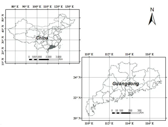 Figure 1- Location and administrative boundary of Guangdong Province, China (109.5°-117.3° E, 20.2°-  25.5° N)