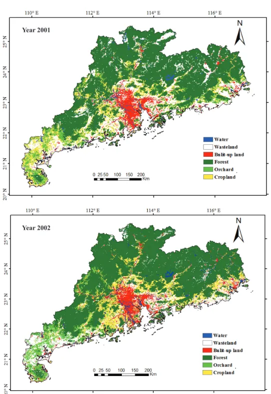 Figure 4- Land-use maps of each year in Guangdong Province from 2001 to 2010