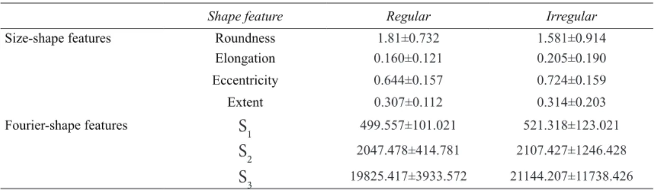 Table 2- Shape features (mean ± standard deviation) of regular and irregular potato tubers