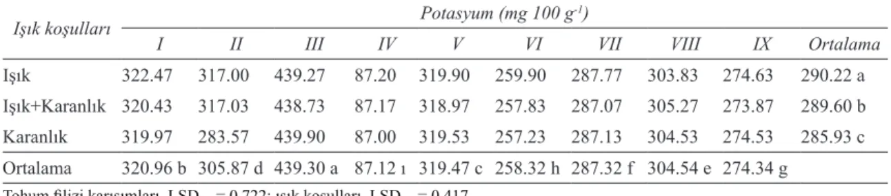 Çizelge 8- Tohum karışımları ve ışıklanmanın filizlerin potasyum içeriği üzerine etkileri (mg 100 g -1 )