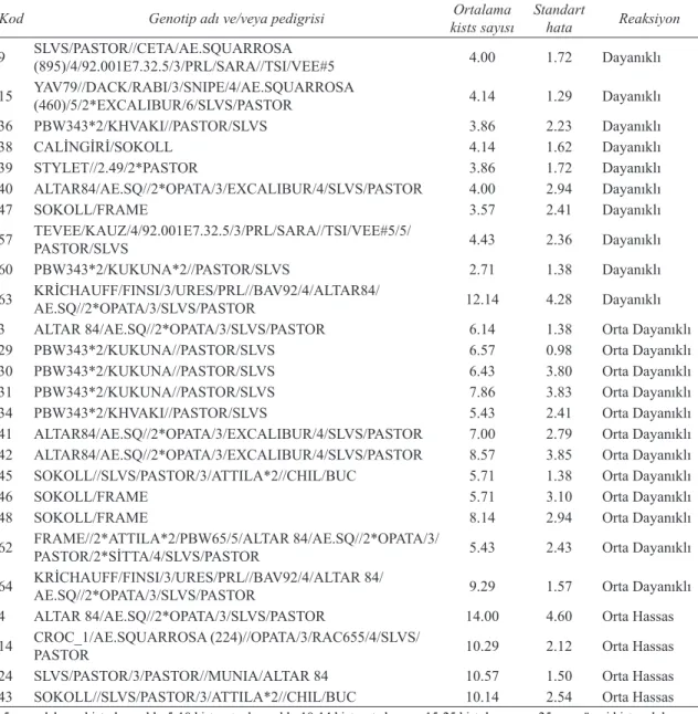 Çizelge 2- Cre1 geni taşımayan melezlerin Heterodera latipons’a karşı reaksiyonları Table 2- Reactions of some wheat hybrids lacking Cre1 gene aganist Heterodera latipons