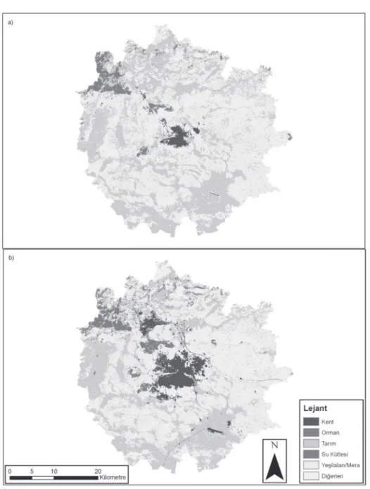 Şekil 4- Çalışma alanındaki AK/AÖ katmanları: a, 1984; b, 2009